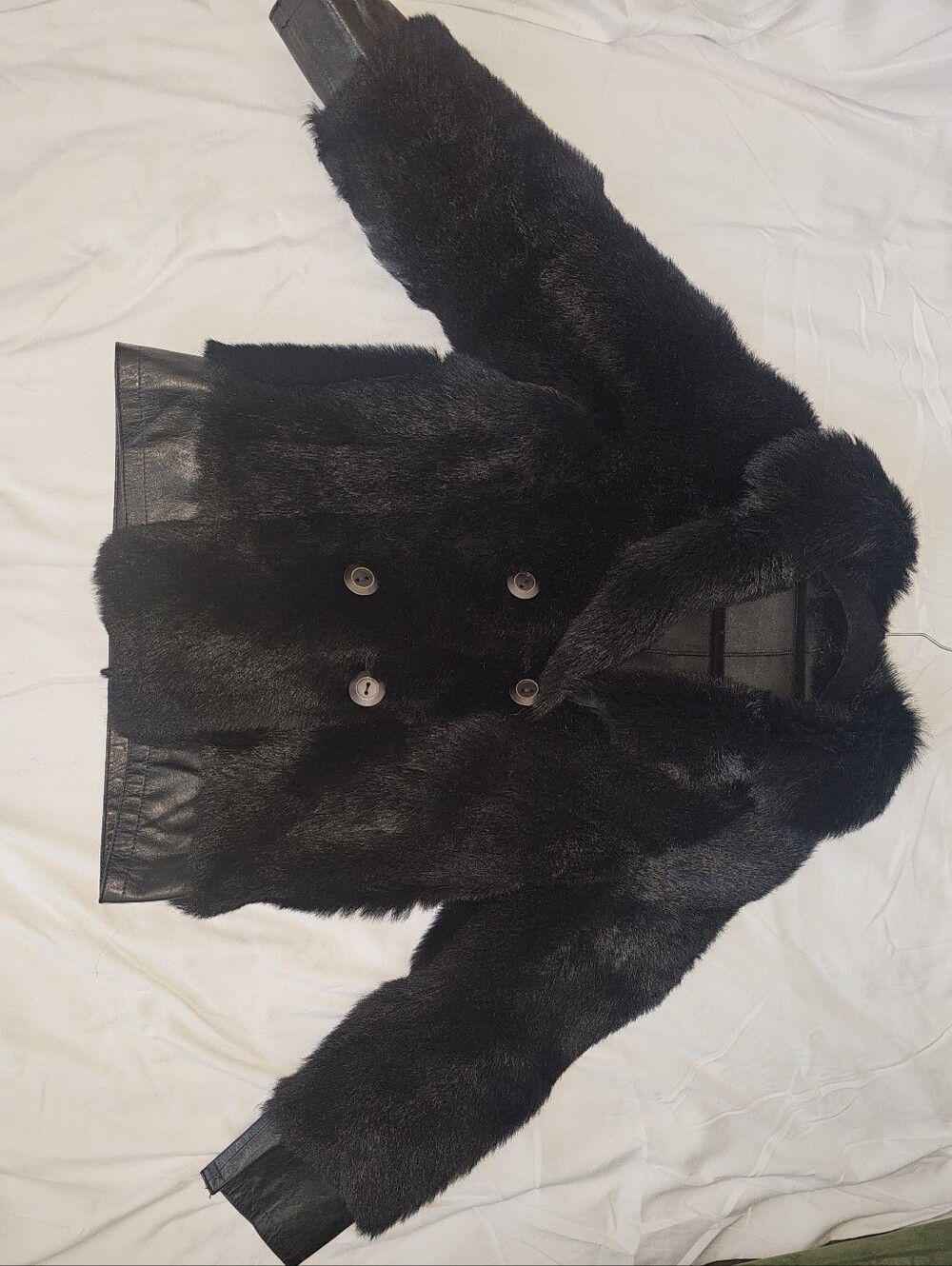 Black Double Breasted Fur & Imported Sheepskin Leather Jacket - Picture 7 of 11